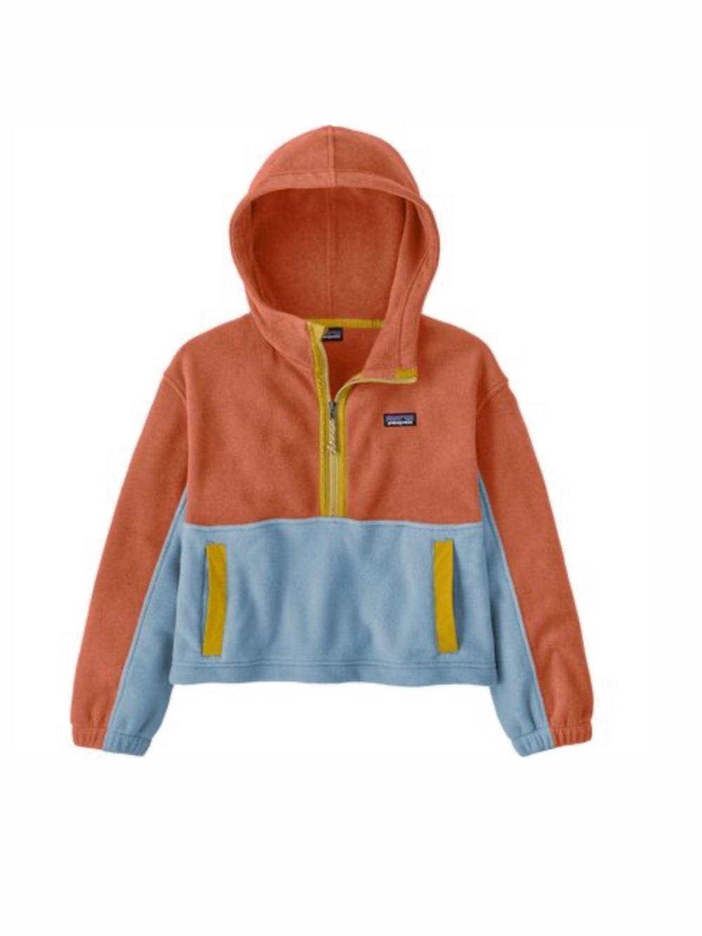 Patagonia Kids Colorblock Half-Zip Hoodie in Coral, Light Blue & Yellow Trim